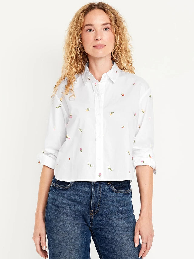 Button-Down Floral Embroidered Oversized Shirt
