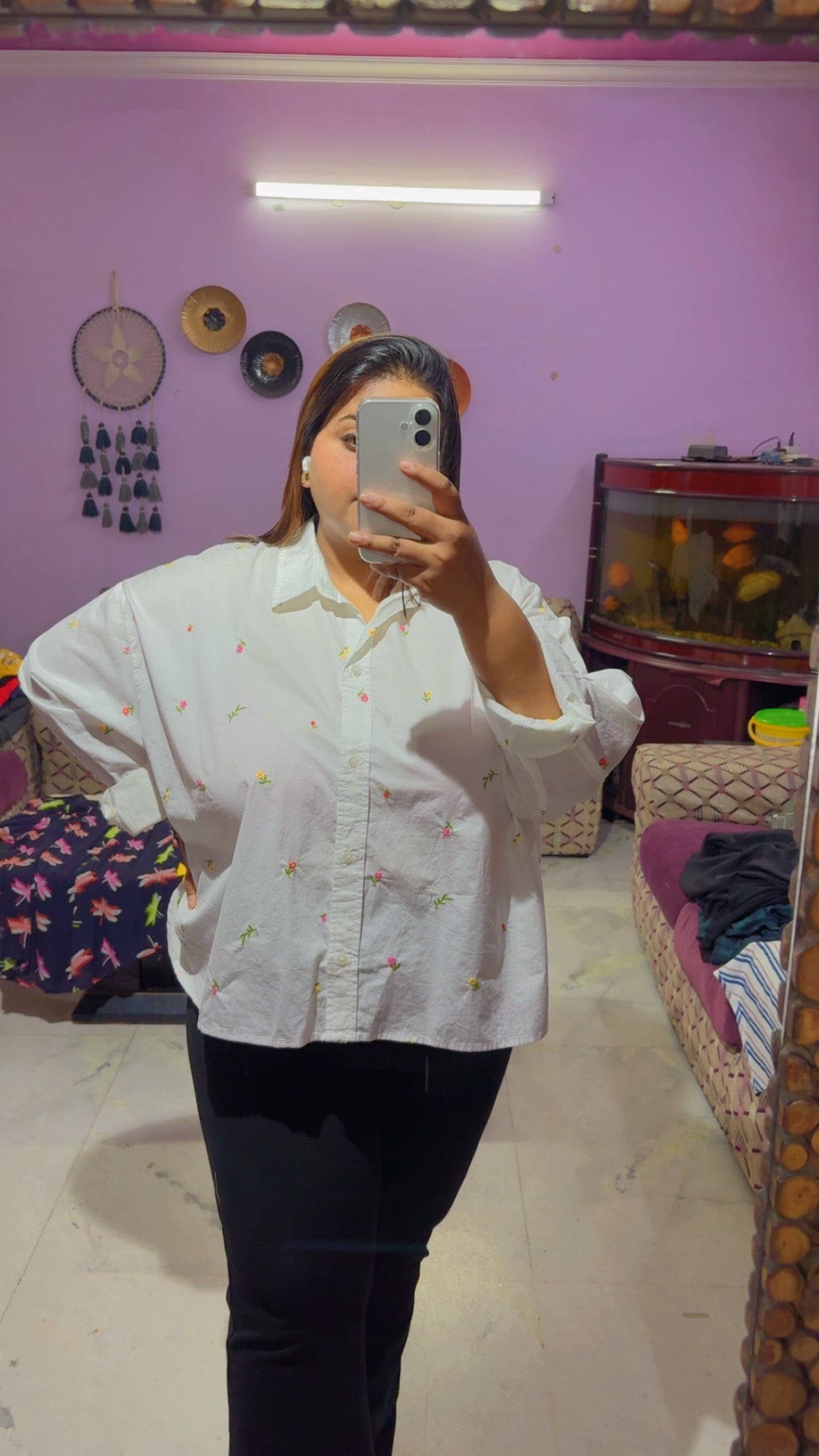 Button-Down Floral Embroidered Oversized Shirt