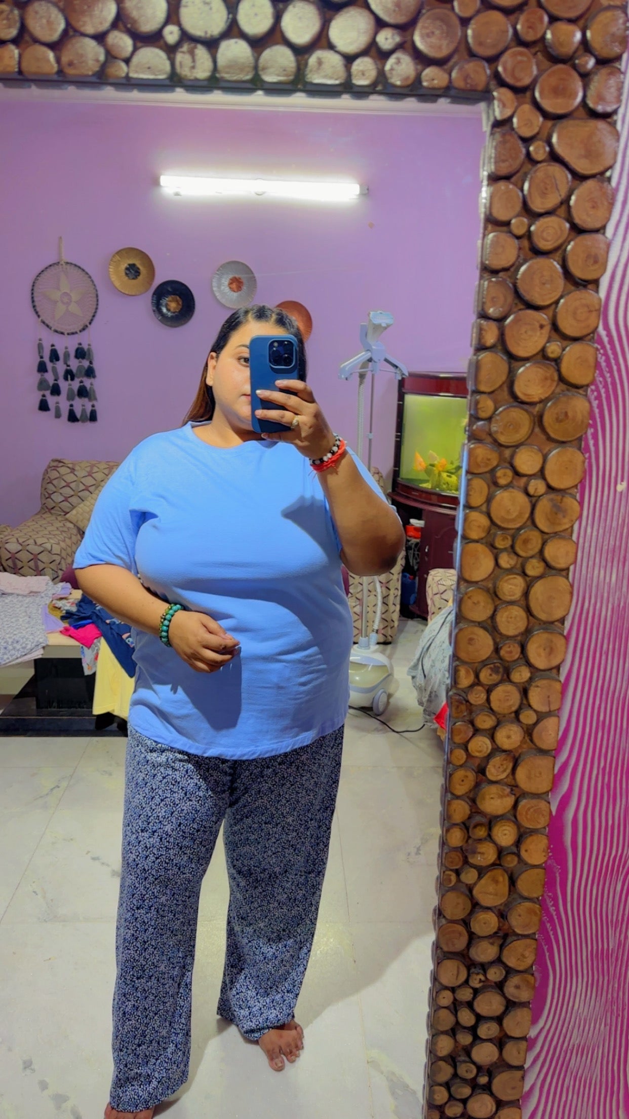 Cotton Straight Leg Blue Print Pyjama Set Nightsuit